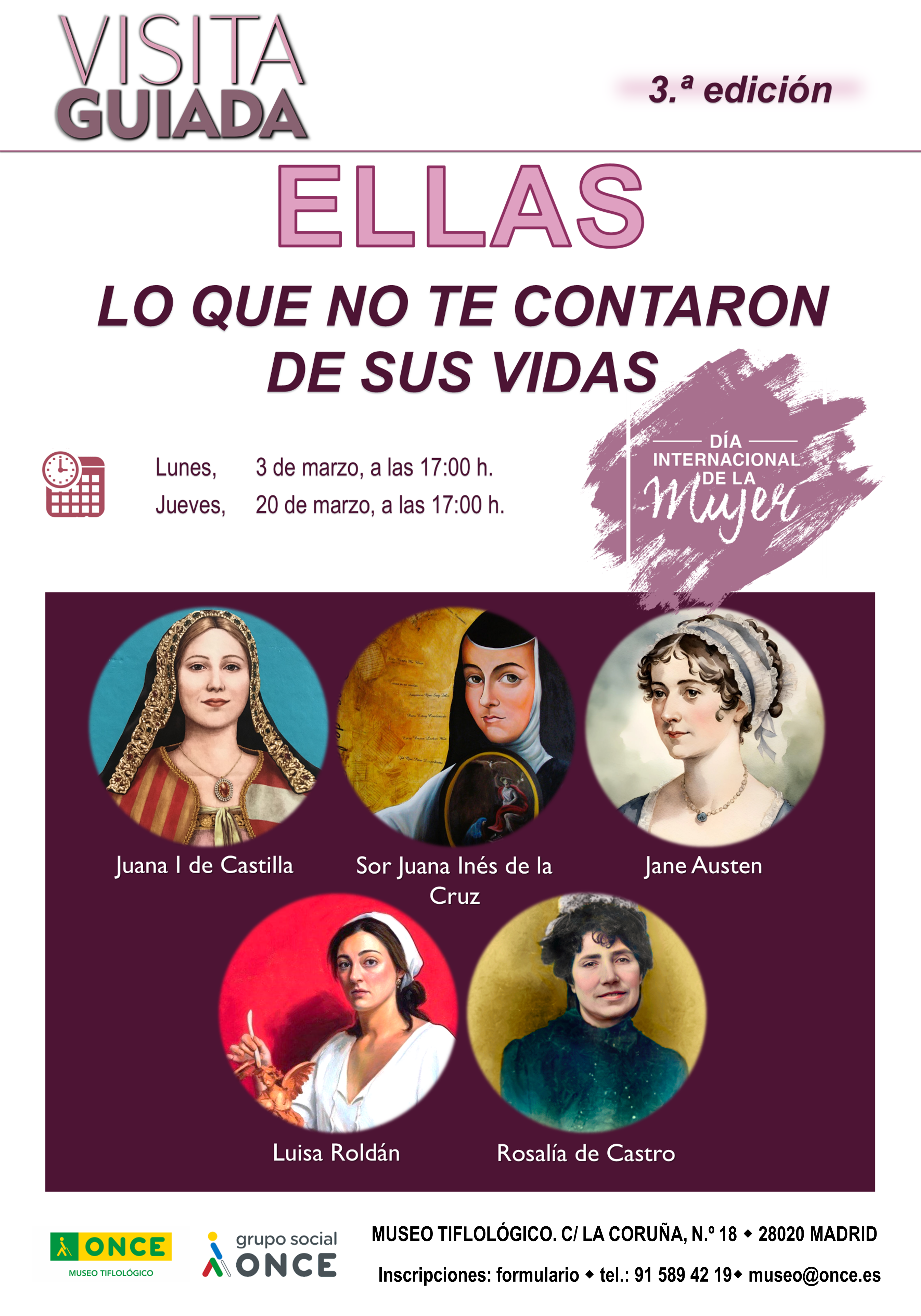 Cartel del ciclo de visitas en el que aparecen las imágenes de las 5 mujeres homenajeadas