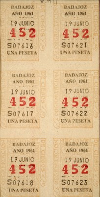6 cupones de Badajoz. Una peseta cupón.