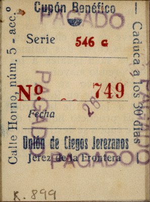 Cupón benéfico de la Unión de Ciegos Jerezanos, nº 749, serie 546.