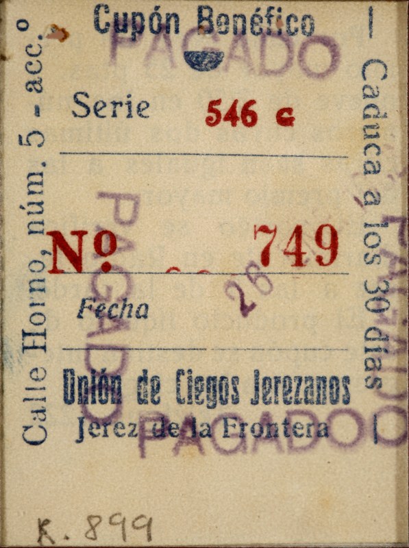 Cupón benéfico de la Unión de Ciegos Jerezanos, nº 749, serie 549