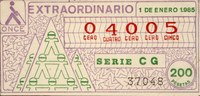 Cupón del sorteo extraordinario del 1 de enero 1985. nº 0400 5/serie CG.