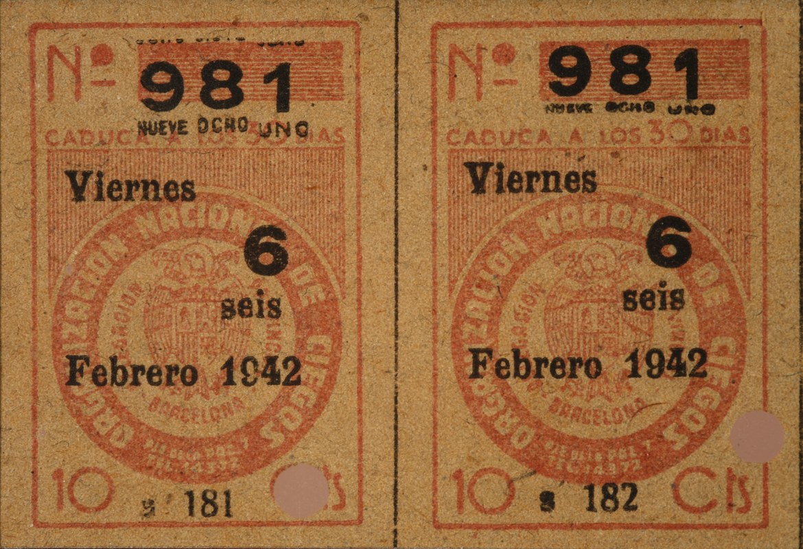 Tira de cinco cupones de la ONCE. Barcelona