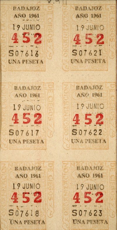 6 cupones de Badajoz. Una peseta cupón.