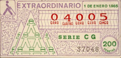 Cupón del sorteo extraordinario del 1 de enero 1985. nº 04005/serie CG.