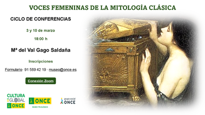 Cartel del ciclo de conferencias en el que aparecen las fechas y horarios, el nombre de la ponente y la imagen seleccionada para el cartel que muestra a Pandora abriendo la caja.