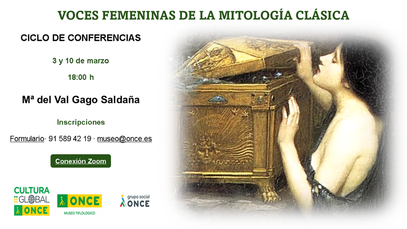 Cartel del ciclo de conferencias en el que aparecen las fechas y horarios, el nombre de la ponente y la imagen seleccionada para el cartel que muestra a Pandora abriendo la caja.